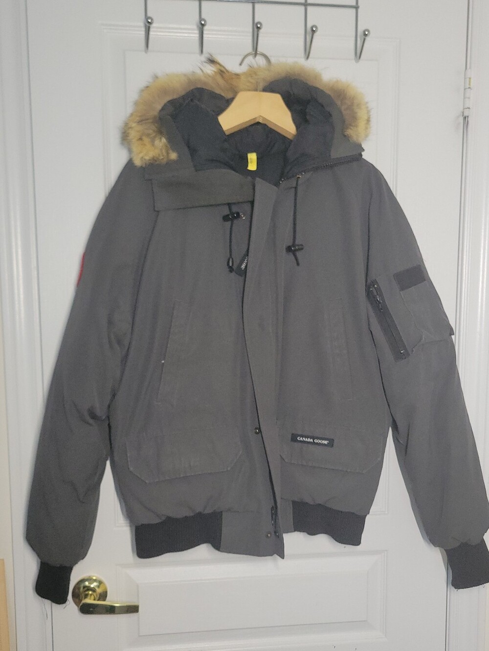 Canada Goose Men's Dark Gray Bomber Jacket with Fur-Trim Hood